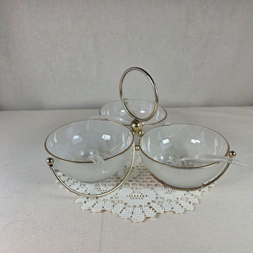 Libbey MCM Frosted Glass Relish Condiment 3 Bowl Set With Gold Toned Metal Caddy - Picture 3 of 7